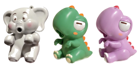 Mini ventilador dinosaurios: los tres modelos sin fondo, elefante gris y dinos verde y lila